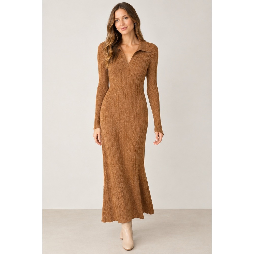 Lucky Brand Fitted Aline Collared Stretchy Ribbed Maxi Sweater Dress Women Small